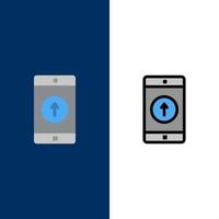 aplicación móvil aplicación móvil teléfono inteligente enviado iconos planos y llenos de línea conjunto de iconos vector fondo azul