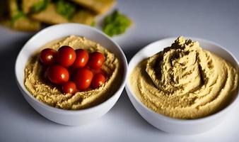 comida sana. hummus orgánico tradicional recién hecho. foto