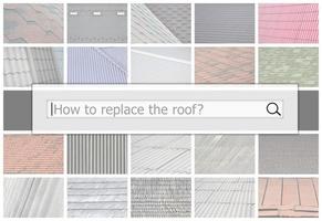 Visualization of the search bar on the background of a collage of many pictures with fragments of various types of roofing close up. How to replace the roof photo