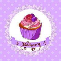 Raspberry - blueberry cupcake on a lacy napkin against a polka dot background. Template for a bakery. Vintage illustration in sketch style. For menu, pastry shop, birthday invitation, postcard, poster vector