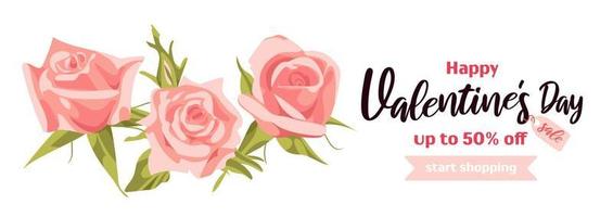 Happy Valentines Day sale. Bright horizontal banner in realistic style, english pink roses. For advertising banner, poster, flyer. vector