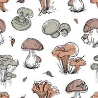 Pattern of edible mushrooms. Vintage botanical illustration. Graphic objects in trendy natural earth tones. In sketch style. For cafe, healthy food design. wallpaper, printing on fabric, wrapping, vector