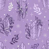 Amethyst crystals seamless pattern. Purple stones with plant twigs. The magic of herbs and minerals. ritual amulet. Vintage illustration in boho style. Halloween, witchcraft. For wallpaper, wrapping vector