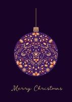 Bright artistic template Merry Christmas. Winter Christmas ball, deer, stars, berries, holly. In gold, red and purple festive colors. Vintage style. For posters, cards, banners. vector