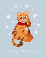 A cute tiger in a red scarf drinks cocoa. Merry Christmas. Symbol of Chinese New Year 2022. For posters, postcards, banners, printing on fabric. vector