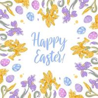 Happy easter. Irises and chocolate colorful eggs. Delicate spring flowers. Vector illustration for posters, postcards, banners, printing on fabric.
