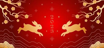 Rabbit, symbol of the Chinese New Year 2023. Bright vector vintage banner with golden pattern on red background, Asian style. Sakura flowers, abstract. spring. for poster, banner, flyer, advertisement