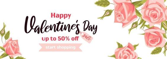 Happy Valentines Day sale. Bright horizontal banner with a bouquet of rosebuds, vintage. Realistic style, peach colour roses. For advertising banner, poster, flyer. vector