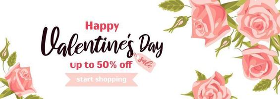 Happy Valentines Day sale. Bright horizontal banner with a bouquet of rosebuds, vintage. Realistic style, peach colour roses. For advertising banner, poster, flyer. vector