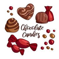 Set bright delicious pieces of milk chocolate, candies. Celebrate World Chocolate Day. Vector illustration of dessert food. For packaging, menu, cookbook, postcard, banner, poster. Valentines, heart