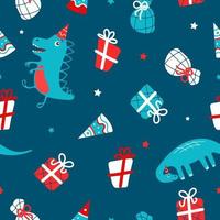 Bright cute festive childrens pattern. Funny dinosaurs, party hat, gifts. For christmas, birthday, new year. Vector illustration in cartoon style. For printing on fabric, merchandise, gift wrap