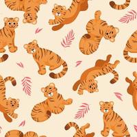 Bright summer tropical seamless pattern. Cute tiger, palm leaves childrens vector illustration cartoon style. For nursery, posters, prints on fabric. International Tiger Day. Chinese New Year 2022.