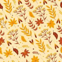 Seamless autumn pattern with yellowed leaves, herbs and flowers in orange tones on a beige background, flat style. For wallpaper, printing on fabric, wrapping, background, clothes vector