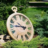 Street clock in a park under branches of trees close up photo