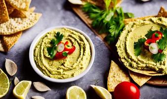 Healthy food. Traditional freshly made organic hummus. photo