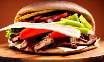 Shawarma. Doner kebab, fresh vegetables and meat. Kebab sandwich close up. photo