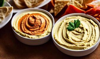 Healthy food. Traditional freshly made organic hummus. photo