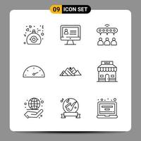 9 símbolos de contorno del paquete de iconos negros para diseños receptivos sobre fondo blanco. 9 iconos establecidos. vector