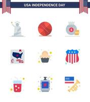 Set of 9 Modern Flats pack on USA Independence Day cake map usa flag american Editable USA Day Vector Design Elements