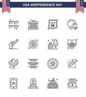 paquete de iconos de vector de stock de día americano 16 signos y símbolos de línea para escudo de mano americano pistola fútbol elementos de diseño de vector de día de estados unidos editables