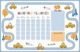 Cartoon cute monthly planner. To do list, notes, template design, important dates. Schedule, printing, calendar for study, scool. Childrens scandinavian vector illustration. yellow vintage taxi