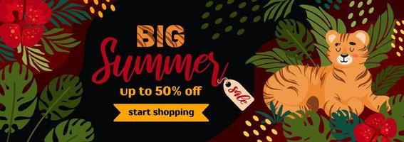 Bright summer sale horizontal banner. Tiger, tropical leaves and flowers. In red-green colors on a dark background. For advertising banner, website, sale flyer. vector