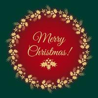 Merry Christmas. Round golden wreath of snowflakes, holly and spruce. In festive red and green colors. Vintage font. For posters, postcards, banners, design elements, printing on fabric. vector