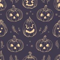 jack-o-lantern. patrón vintage para halloween. calabazas doradas en estilo boceto con caras aterradoras y divertidas sobre un fondo oscuro. hojas y estrellas. para papel tapiz, impresión, envoltura, fondo. vector