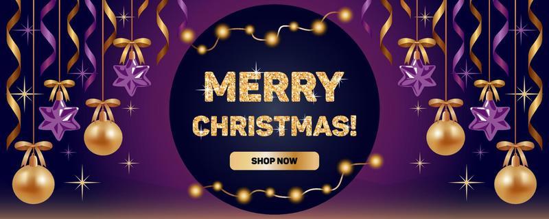 Merry Christmas. horizontal banner in realistic style. Purple and gold shiny Christmas balls and stars, ribbons. Sparkling glitter lettering, fairy lights. For advertising, website, poster, sale flyer