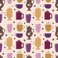 International Coffee Day. Hot drinks. Seamless pattern with silhouettes of coffee, cocoa, cappuccino. In warm earthy tones. For wallpaper, fabric, wrapping, background. vector