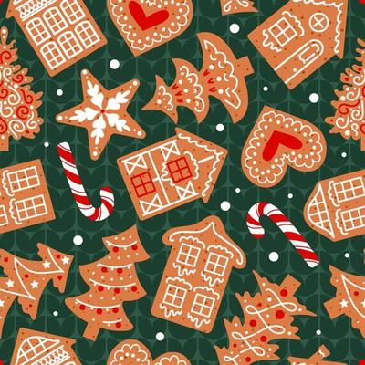 Gingerbread, decorated with icing, lie on a green knitted sweater. Christmas seamless pattern. Traditional cookies. Houses, candy cane, snowflakes and hearts. For wallpaper, fabric, wrapping.