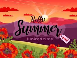 Banner summer sale. Beautiful evening landscape. Slope with blooming poppies. Mountains and the sunset sky in the clouds, the setting sun. Vector illustration for background, website, posters, flyers.