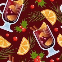 Mulled wine with orange, cranberries and cinnamon sticks in a glass goblet. Winter drinks. Holly, spruce needles. Seamless pattern for wallpaper, printing on fabric, wrapping, background vector