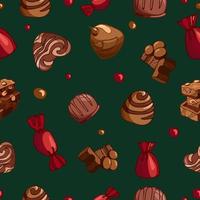 Seamless vector Christmas pattern of bright tasty pieces milk chocolate with nuts, sweets, dragees. World Chocolate Day. Dessert food illustration. Packaging, menu, cookbook, postcard, banner, poster.
