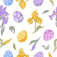 Irises and Easter eggs. Bright seamless pattern. Delicate spring flowers. For wallpaper, printing on fabric, wrapping vector