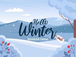 Banner winter sale. Beautiful bright landscape. Mountains and snow, berries. Azure mirror frozen water surface of lake. Vector Illustration for background, website, posters, postcards.