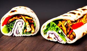 Shawarma. Doner kebab, fresh vegetables and meat. Kebab sandwich close up. photo