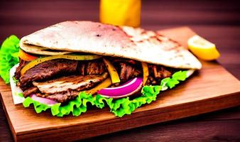 Shawarma. Doner kebab, fresh vegetables and meat. Kebab sandwich close up. photo