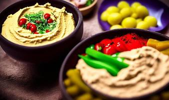 comida sana. hummus orgánico tradicional recién hecho. foto