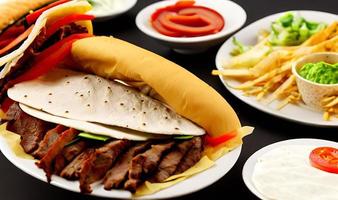 Shawarma. Doner kebab, fresh vegetables and meat. Kebab sandwich close up. photo