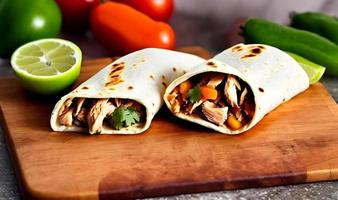 Shawarma. Doner kebab, fresh vegetables and meat. Kebab sandwich close up. photo