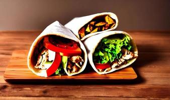 Shawarma. Doner kebab, fresh vegetables and meat. Kebab sandwich close up. photo