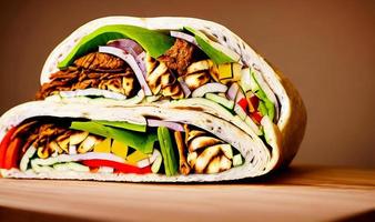 Shawarma. Doner kebab, fresh vegetables and meat. Kebab sandwich close up. photo