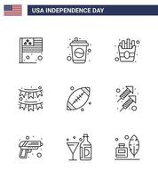 Happy Independence Day 4th July Set of 9 Lines American Pictograph of footbal garland fast party buntings Editable USA Day Vector Design Elements
