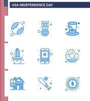 Group of 9 Blues Set for Independence day of United States of America such as star pot day plant cactus Editable USA Day Vector Design Elements