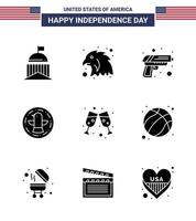 Happy Independence Day USA Pack of 9 Creative Solid Glyphs of wine eagle gun celebration american Editable USA Day Vector Design Elements