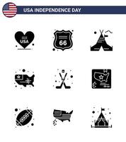 USA Independence Day Solid Glyph Set of 9 USA Pictograms of hokey usa tent free united map Editable USA Day Vector Design Elements