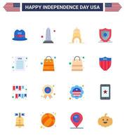 Group of 16 Flats Set for Independence day of United States of America such as bag declaration of independence chrysler declaration protection Editable USA Day Vector Design Elements