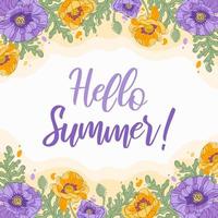 Hello summer. Bright square banner. Delicate bouquets of blooming poppies. In yellow-violet pastel colors. Botanical illustration for background, postcards, website, posters, flyers vector