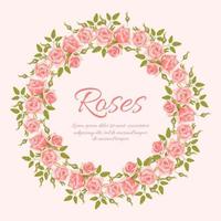 Wreath of vintage English roses. Delicate pink flower buds with leaves, realistic style. For weddings, stickers, posters, postcards, design elements. vector